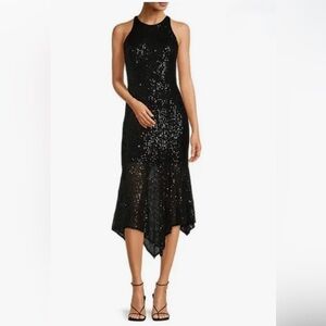 NWT Belle Badgley Mischka Black Asymmetrical Sequined Halter Dress 2